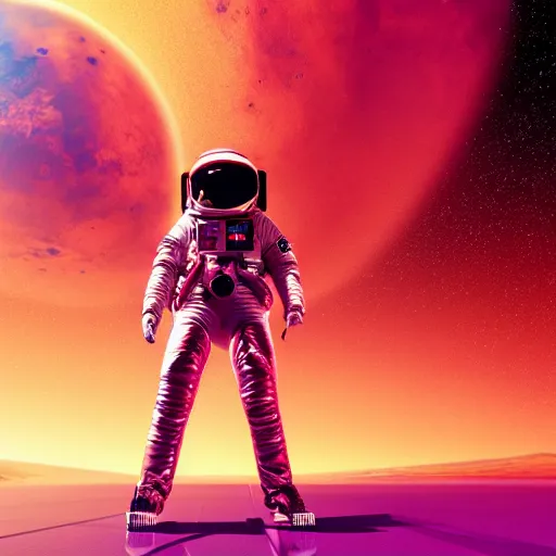 Image similar to A wide angle shot from below of a female astronaut with a feminine body walking with swagger towards camera on mars in an infinite universe , synthwave digital art