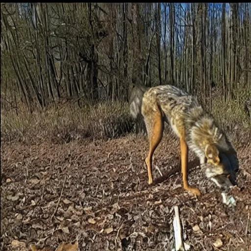 Image similar to trailcam footage of native weird distorted body Skinwalker transforming into a coyote