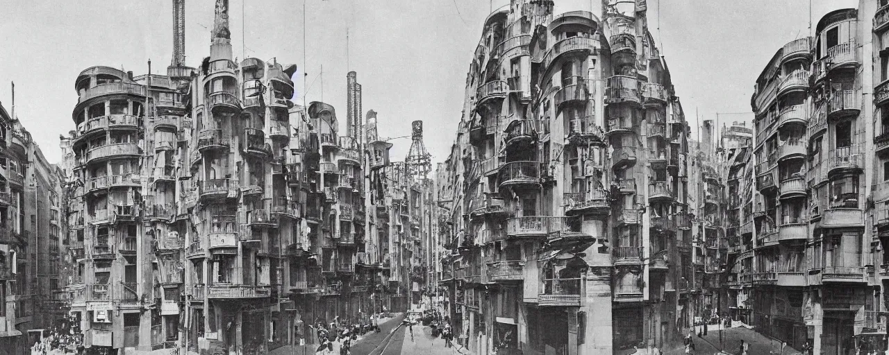 Prompt: barcelona in 1 9 1 8, street view, looking up, retrofuturism, steampunk, gothic quarter, modernist buildings, art deco, footbridges between houses, steam pipes, hyper detailed,