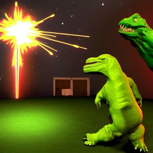 Image similar to a human punching with his right arm at a green tyrannosaurus rex creating a nuclear bomb explosion, 3 d, dynamic lighting, vivid imagery