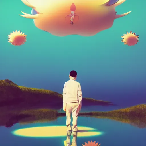 Image similar to a man walking on clouds away from the camera above a lake by takashi murakami, beeple and james jean, aya takano color style, 4 k, super detailed, modern, 4 k, symmetrical