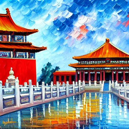 Image similar to a paint of the Forbidden city by leonid afremov.