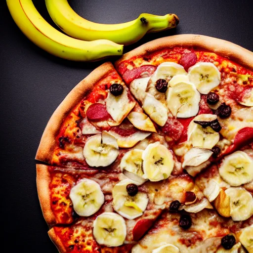 Image similar to a photo a pizza with a whole unpeeled banana on top of it, food photo, professional food photo, iphone, 4 k