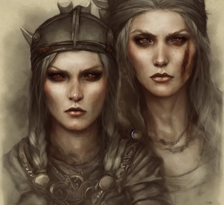 Image similar to a rugged female viking in the style of tom bagshaw