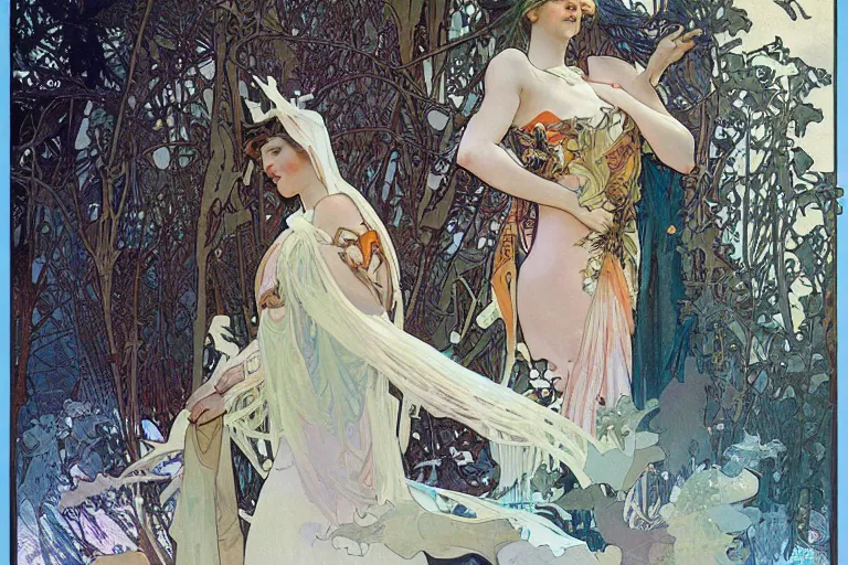 Image similar to Winter goddess by alphonse mucha, john berkey, covered in graphitti by banksy, basquiat, cleon peterson, dramatic cinematic lighting, manicured solarpunk greenery, high fashion futuristic people walk past