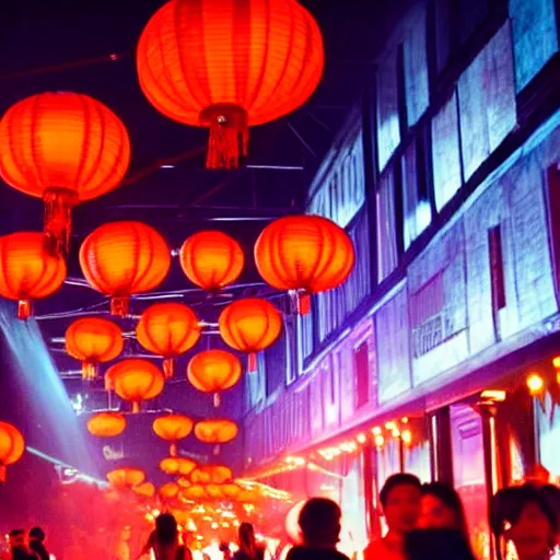 Image similar to night club, a few red chinese lanterns, people's silhouettes, minimalism, asian movies 2 0 0 0 atmosphere