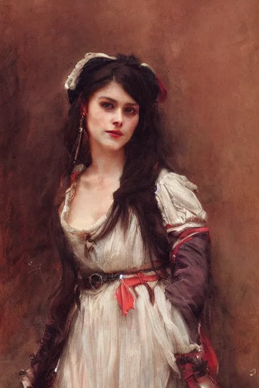 Image similar to Solomon Joseph Solomon and Richard Schmid and Jeremy Lipking victorian genre painting full length portrait painting of a young beautiful woman traditional german french pirate wench in fantasy costume, red background