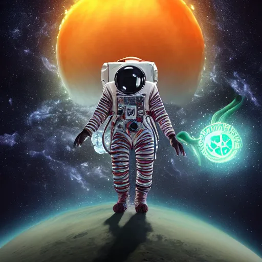 Image similar to hyper realistic wide view, occult cosmonaut with glowing magic symbols on his suit, highly detailed octane render 4k, floating in space with Cthulhu in the background, horror, despair, frightening