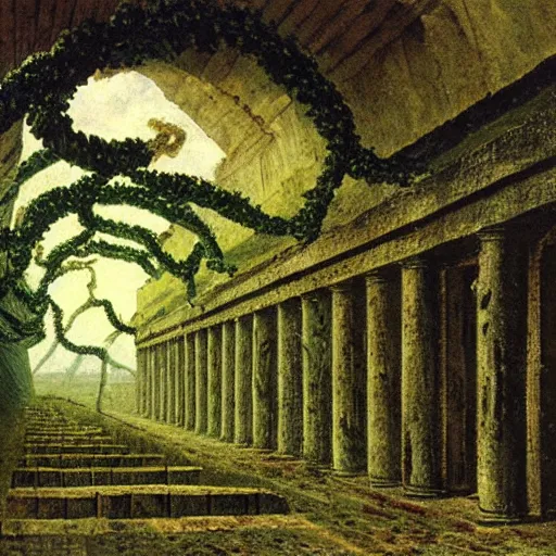 Image similar to a data center filled with server racks surrounded by ancient ruins and covered in vines, Caspar David Friedrich, oil painting