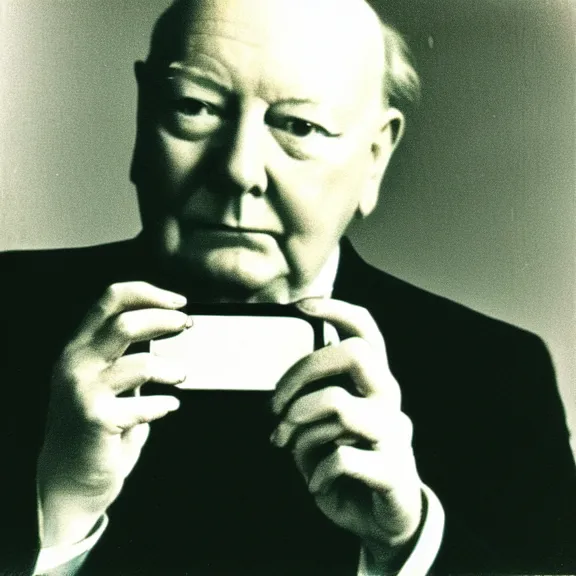 Prompt: polaroid picture of winston churchil checking his iphone