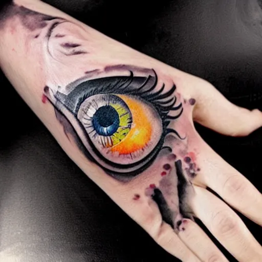 Image similar to double exposure hand tattoo of a crying eye, watercolor, stylish