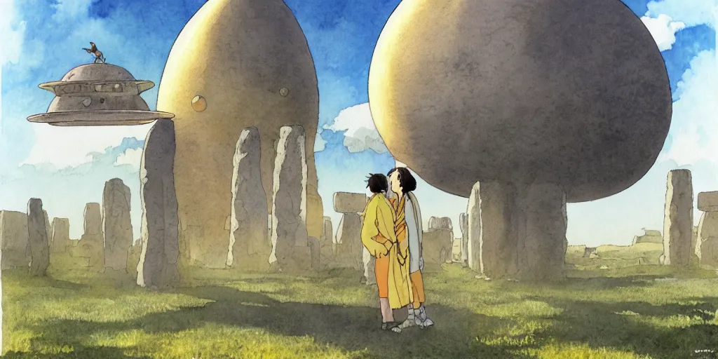 Image similar to a hyperrealist studio ghibli watercolor fantasy concept art of a giant alien and a small grey alien with a yellow robe in stonehenge in the early morning. a giant gold ufo is floating in the air. by rebecca guay, michael kaluta, charles vess