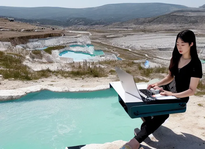 Image similar to Lee Jin-Eun hacking a laptop at Pamukkale by WLOP, rule of thirds, seductive look, beautiful, masterpiece, Refined