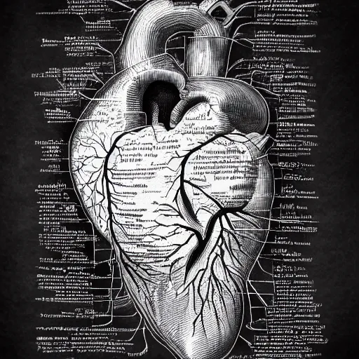 Image similar to anatomical diagram of the human heart, schematic, technical diagram, black paper, exceedingly insanely intricate, davinci, circuits, infographic, blueprint, illuminated manuscript, hand drawn, sketch, aspect 8 5 : 1 1 0