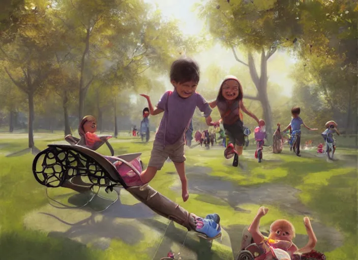 Image similar to happy children fly through a public park, by alejandro burdisio and bob bylerley and greg rutkowski