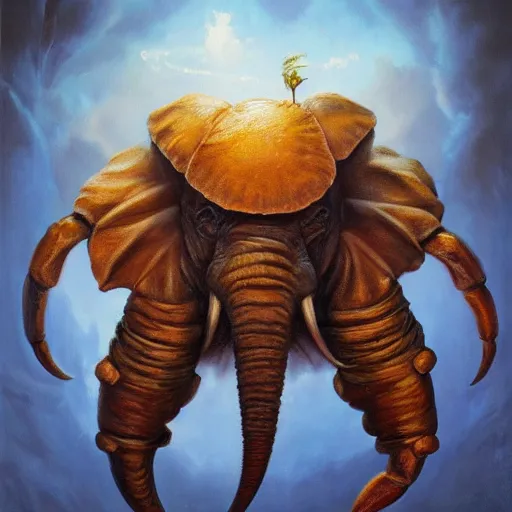 Image similar to elephant - crab creature, oil painting by justin gerard, deviantart