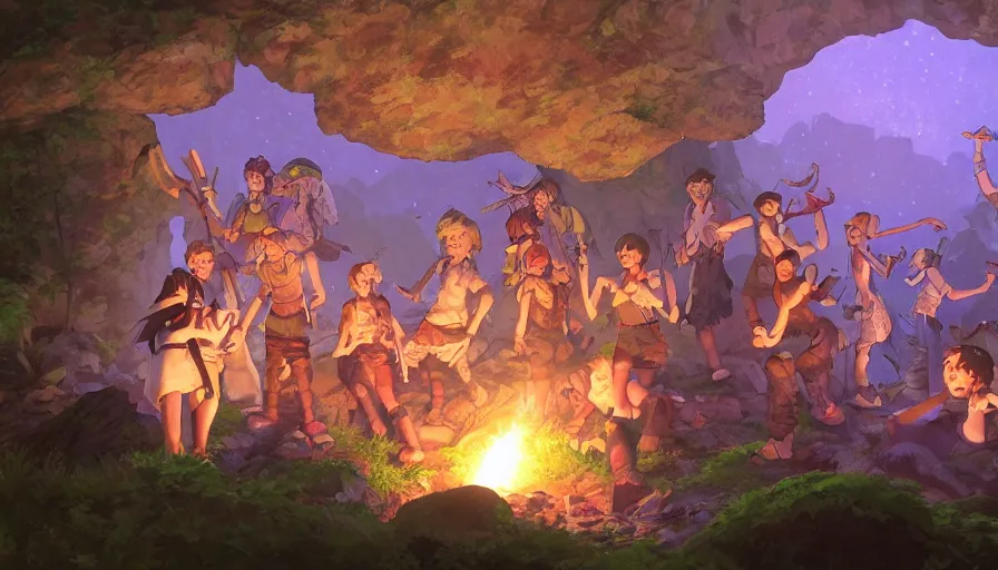 Prompt: stone age rave in a cave, torchlight, serene evening atmosphere, soft lens, soft light, cel - shading, animation, in the style of cgsociety, deviantart, artstation, zbrush, cinema 4 d, studio ghibli, akihiko yoshida, atelier lulua, masamune shirow