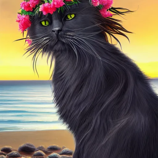 Prompt: oil painting portrait of a long haired fluffy black cat wearing flower crown and lei necklace gazing at a sunset over the ocean on tropical island background with palm trees digital art, concept art, highly detailed, 3-D 4k, trending on art station, Mark Brooks,