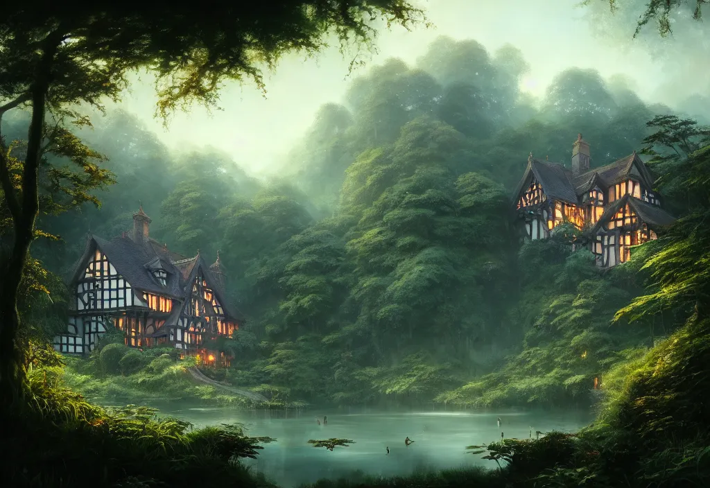 Prompt: a tudor house on a hillside surrounded by jungle with a pond, blue sky, cinematic view, detailed architecture, concept art, high detail, well lit, volumetric, godrays, vivid, trending on artstation, by jordan grimmer, art greg rutkowski