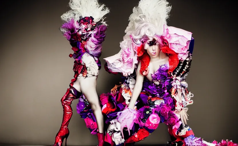 Image similar to IMG_975.raw, lady gaga ,beautiful composition, alexander mcqueen, colourful , 50mm f1.8, ambient light,