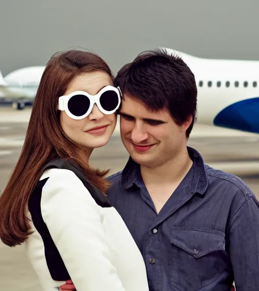 Prompt: two cute people with holstein pattern skin at the airport near airplane trending flickr technoir detailed portrait