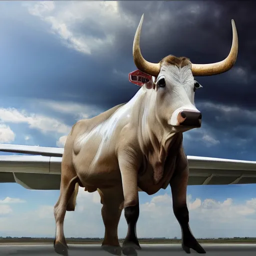 Image similar to a highly detailed ultra realistic photograph of a cow dressed in a male airplane pilot suit