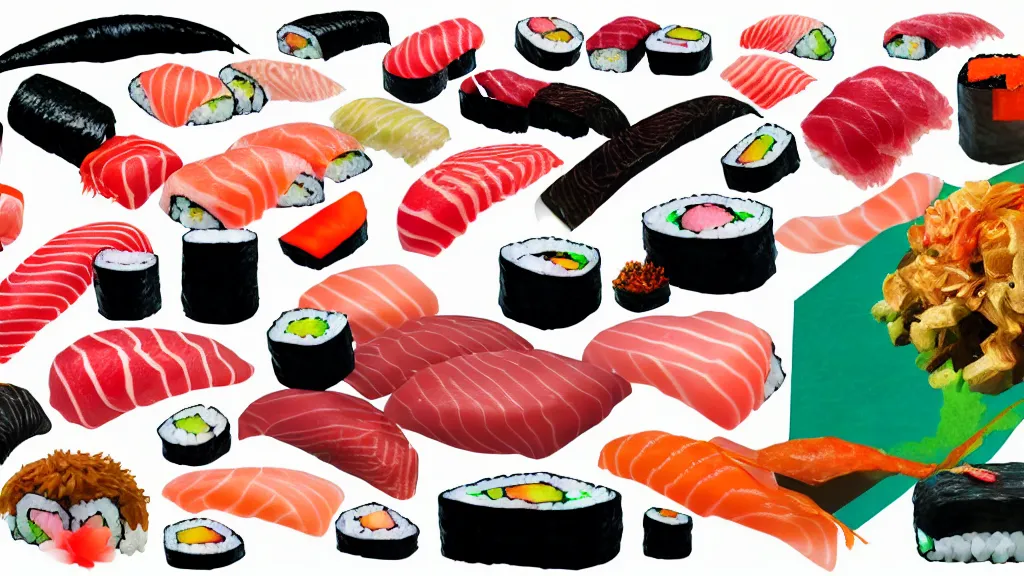 Image similar to a selection of single sushi platters, several items in an array, japan, a collage painting, in the style of wes anderson, lola dupre, david hockney, isolated on negative white space background dark monochrome neon spraypaint accents volumetric octane render