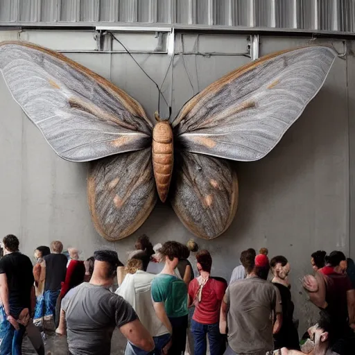 Image similar to a group of people gathered in a warehouse, worshipping a giant moth, highly detailed, 8 k, realistic,