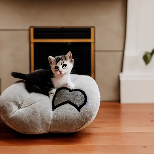 Image similar to A cute little kitten sits on the top of a plush heart-shaped pillow near fireplace, Canon EOS R3, f/1.4, ISO 200, 1/160s, 8K, RAW, unedited, symmetrical balance, in-frame