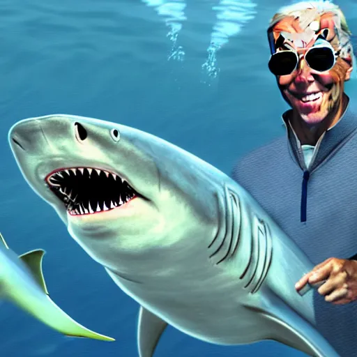 Image similar to joe biden sharkman swimming underwater, shark - human face, impressionism, gta 5, caricature