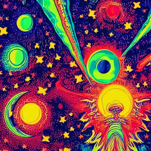 Image similar to psychedelic trippy couch on fire in outer space with moon and jupiter