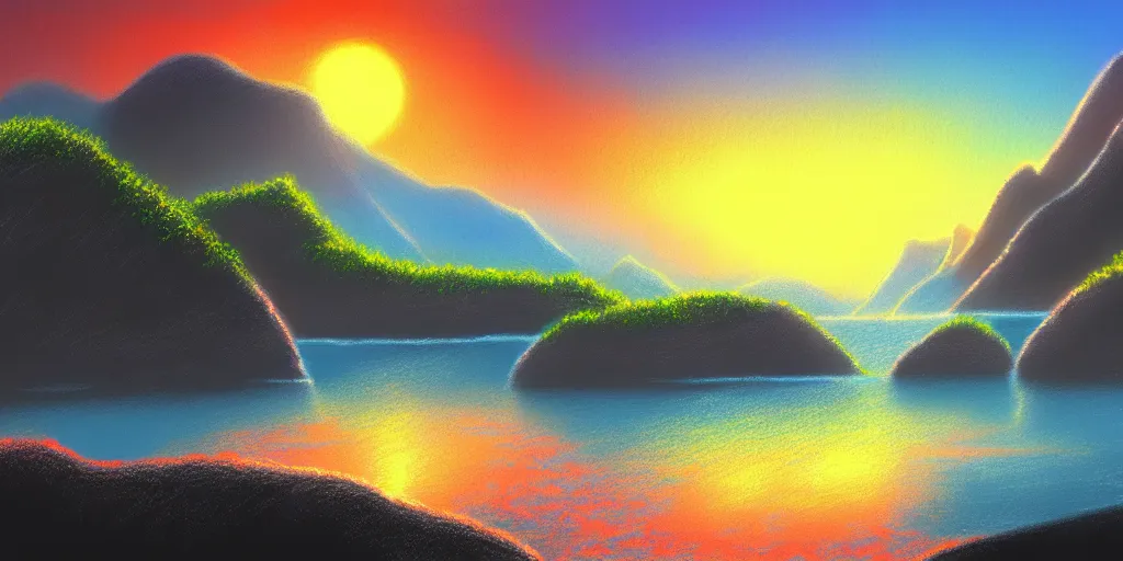 Image similar to a landscape pastel in the style of noriyoshi ohrai and bob ross of rocky islands, dawn. key art. 4 k fantasy