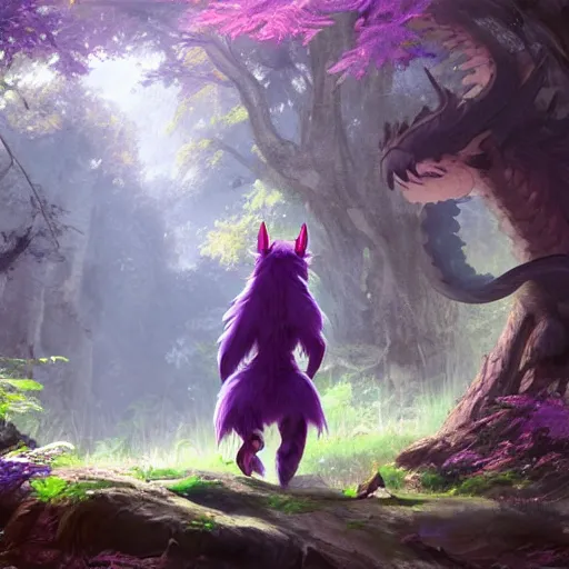 Prompt: concept art painting of an anthropomorphic purple humanoid furry dragon, in the deep forest, realistic, detailed, cel shaded, in the style of makoto shinkai and greg rutkowski and james gurney