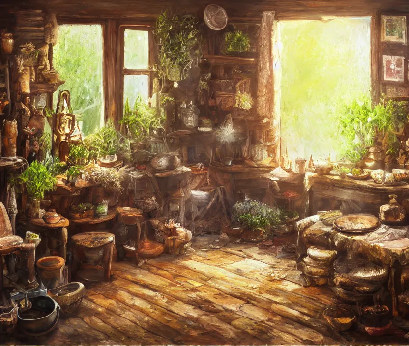 Image similar to expressive rustic oil painting, interior view of a cluttered herbalist cottage, waxy candles, wood furnishings, herbs hanging, light bloom, dust, ambient occlusion, morning, rays of light coming through windows, dim lighting, brush strokes oil painting