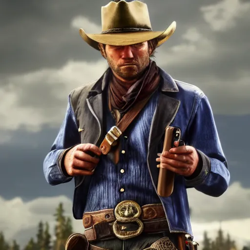 Image similar to arthur morgan from the game red dead redemption 2 holding a phone photo - realistic