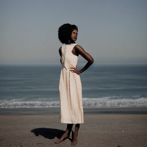 Image similar to portrait photograph of an elegant black woman wearing a sundress in Santa Monica. super resolution. 85 mm f1.8 lens.bokeh.graflex. Alessio albi