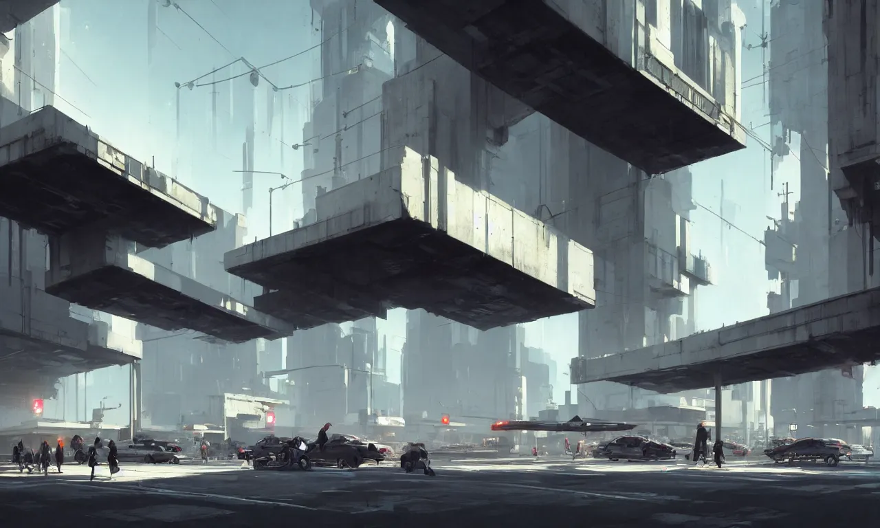 Prompt: simple streetscape, brutalist architecture, white neon lighting, flying vehicles, pedestrians walking, greg rutkowski, syd mead, ralph mcquarrie, concept art, matte painting, highly detailed, rule of thirds, dynamic lighting, cinematic, detailed, denoised, centered