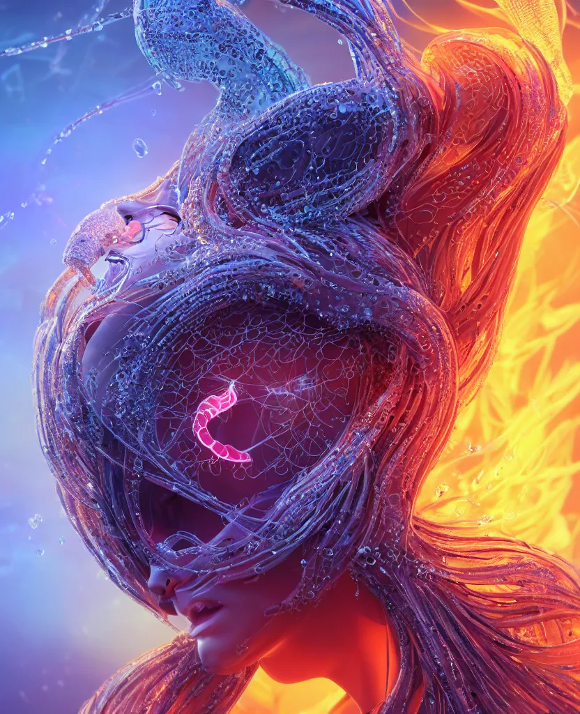 Image similar to close-up macro portrait of the face of a beautiful princess, epic angle and pose, symmetrical artwork, 3d with depth of field, blurred background, cybernetic jellyfish female face skull phoenix bird, translucent, nautilus, energy flows of water and fire. a highly detailed epic cinematic concept art CG render. made in Maya, Blender and Photoshop, octane render, excellent composition, cinematic dystopian brutalist atmosphere, dynamic dramatic cinematic lighting, aesthetic, very inspirational, arthouse. y Greg Rutkowski, Ilya Kuvshinov, WLOP, Stanley Artgerm Lau, Ruan Jia and Fenghua Zhong