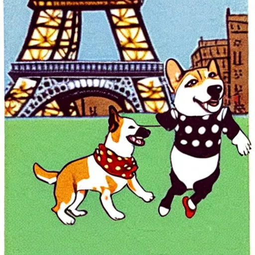 Image similar to book illustration of a french boy on the streets of paris playing football against a corgi, the dog is wearing a polka dot scarf, 1 9 6 6