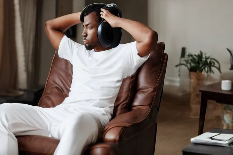 Image similar to a man that is deep in thought is wearing a white t - shirt and black sweat pants and wearing over the ear headphones is sitting in a brown leather reclining chair in a living room