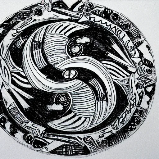 Image similar to yin - yang heavy armor battle tank in cosmos blasting with yin - yang black and white symbol daoist paint, pencil drawing