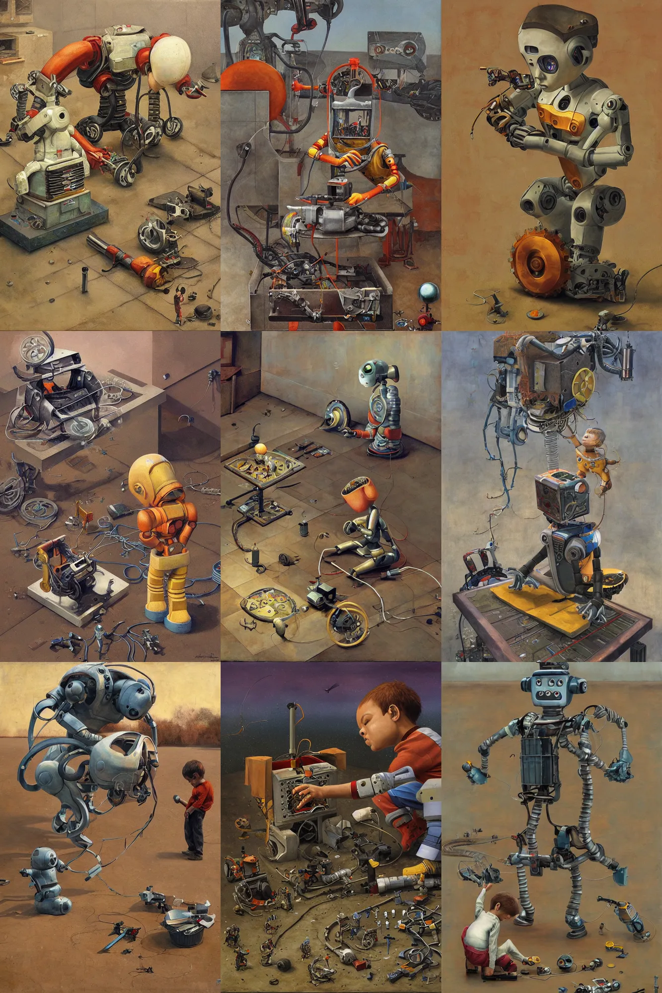 Prompt: a boy fixing his robot, part by Esao Andrews, isometric, oil on canvas
