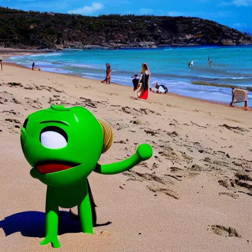 Prompt: gumbi at the beach, attractive photo
