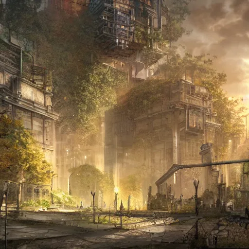 Prompt: a city being reclaimed by nature, highly detailed concept art, specular light