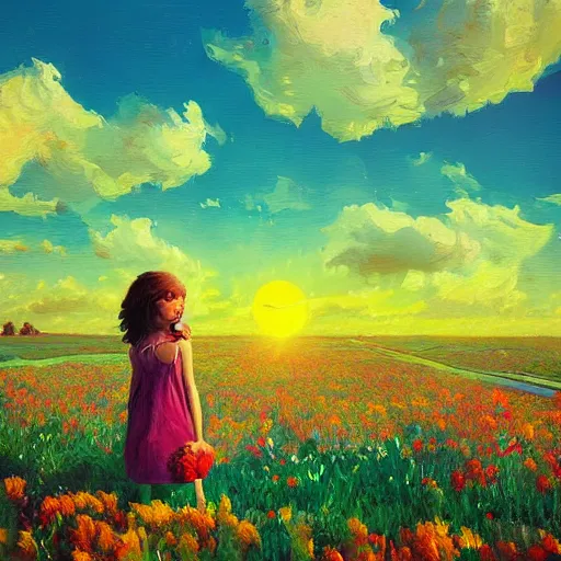 Image similar to girl with a giant carnation head, surreal photography, flower field, sunset dramatic light, impressionist painting, colorful clouds, blue sky, digital painting, artstation, simon stalenhag