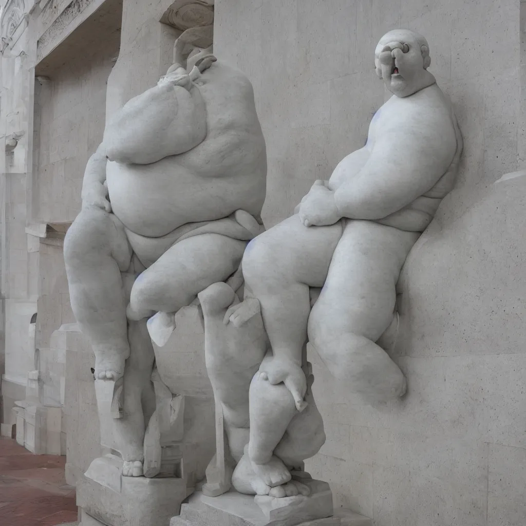 Prompt: marble statue of an overweight man with a VR headset, Michelangello