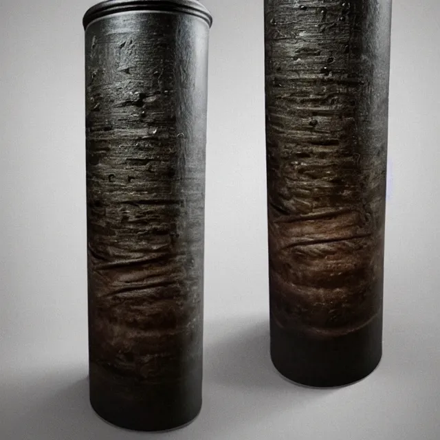 Prompt: a full realistic photo of a tall and thin cylindrical clay dead sea scroll jar, dark, brooding, volume lighting, atmospheric lighting, painted, intricate, ultra detailed by leesha hannigan, thierry doizon, kai carpenter, well composed, best on artstation, cgsociety, epic, stunning, gorgeous, intricate detail, wow, masterpiece