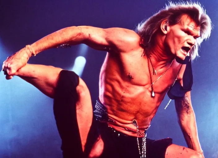 Image similar to publicity photo still of patrick swayze in motley crue live on stage, 8 k, live concert lighting, mid shot