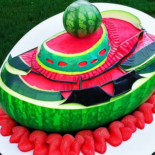 Image similar to an elaborate watermelon carving that looks like a batmobile made out of specially carved watermelon parts, spread out on a party platter ready for guests, photography, food and garden magazine,