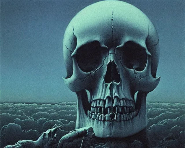 Prompt: Skull, blue, night, mystery, Zdzislaw Beksinski